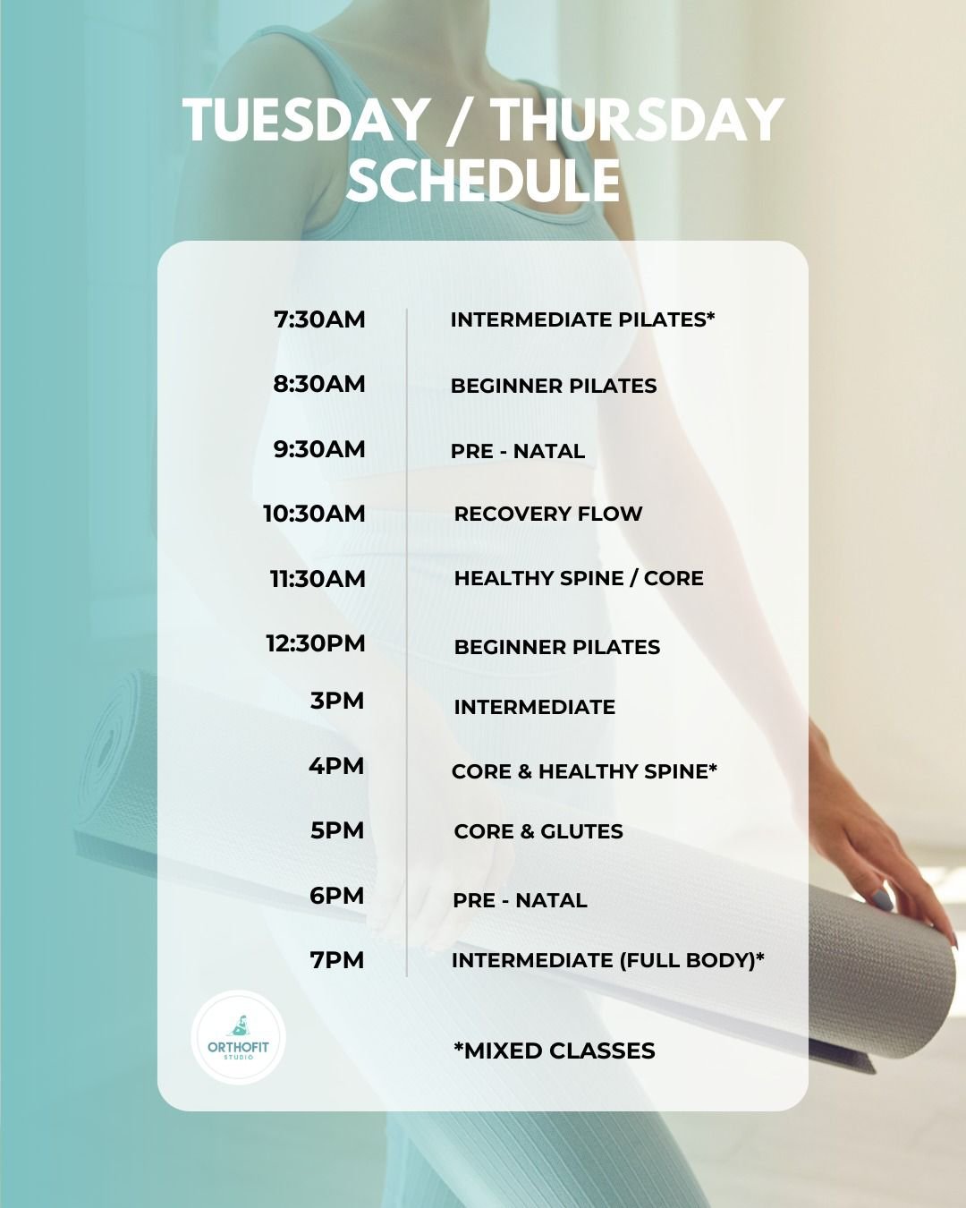 Orthofit Studio Tuesday/Thursday Schedule
